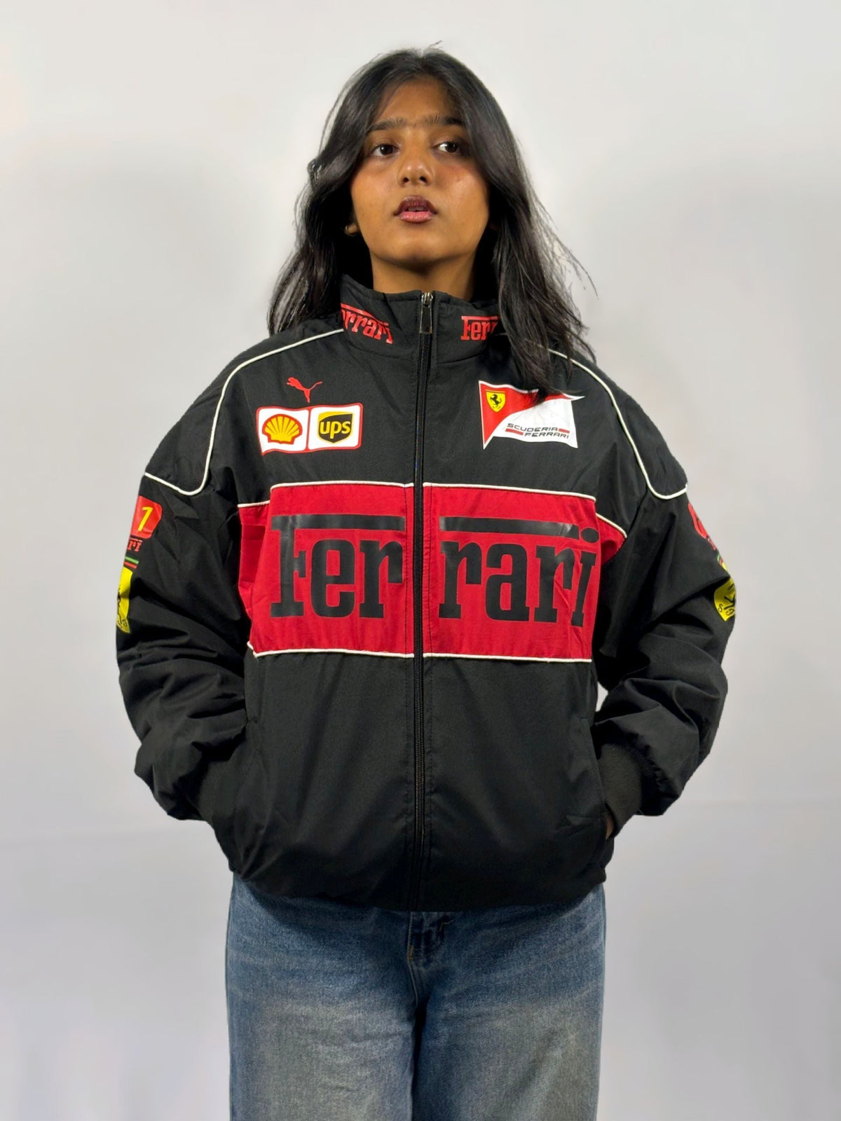 F1 FERRARI BLACK PUFFER PRINTED UNISEX JACKET by Monte Lino