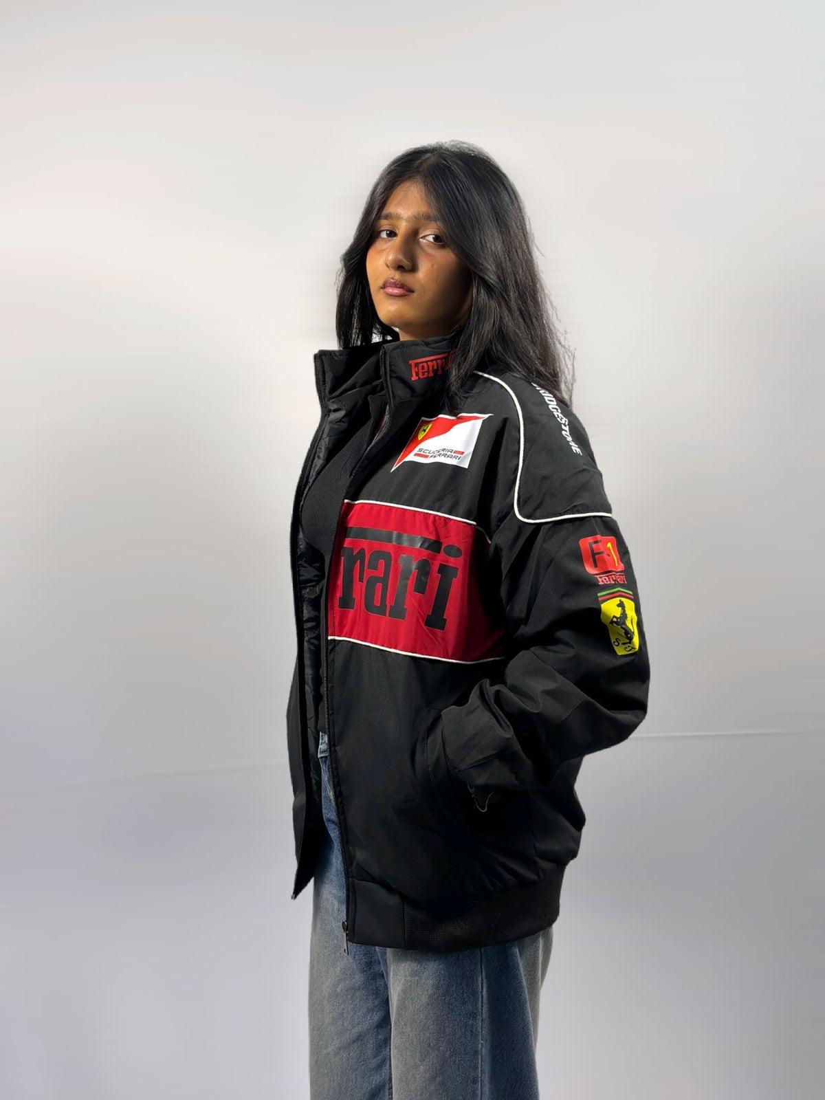 F1 FERRARI BLACK PUFFER PRINTED UNISEX JACKET by Monte Lino