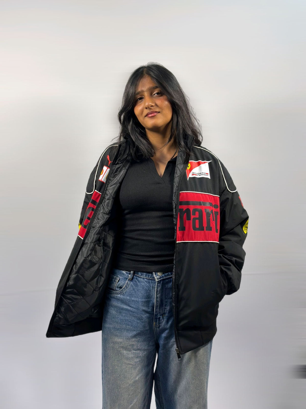 F1 Ferrari black puffer unisex jacket with red chest stripe and open front
