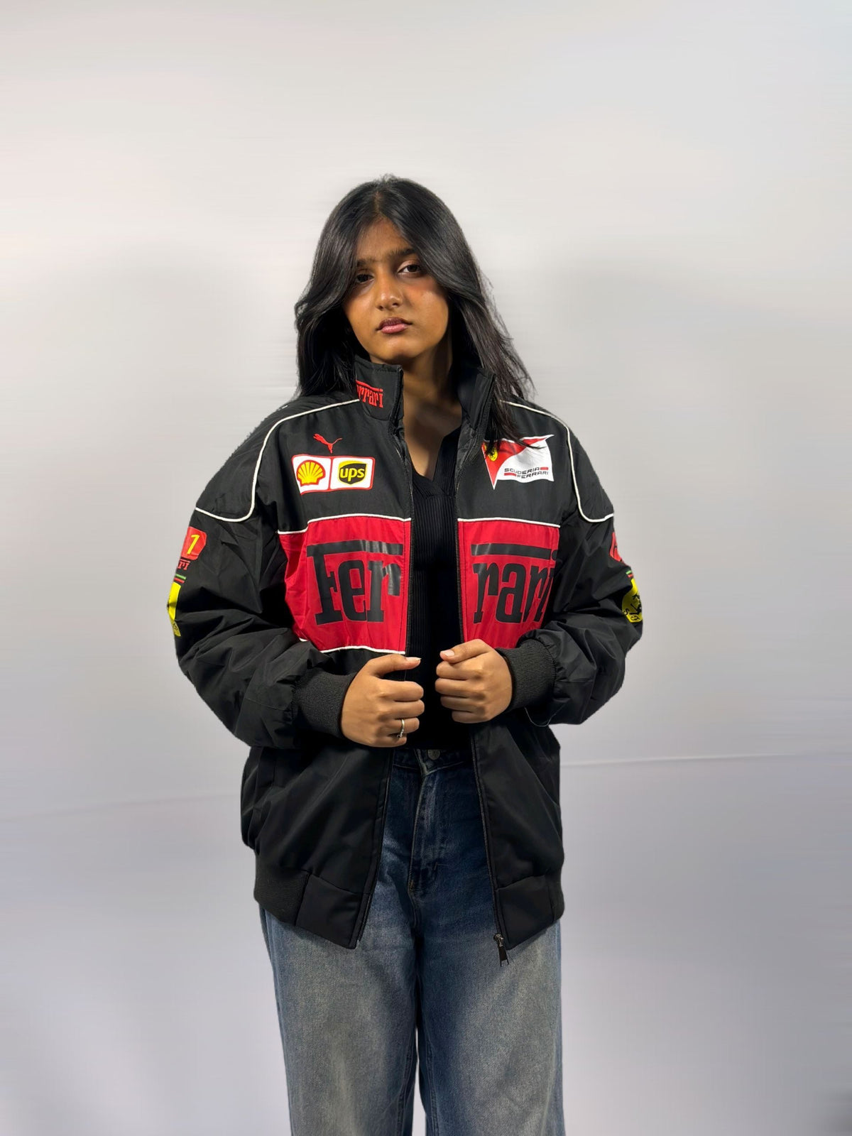 F1 FERRARI BLACK PUFFER PRINTED UNISEX JACKET by Monte Lino