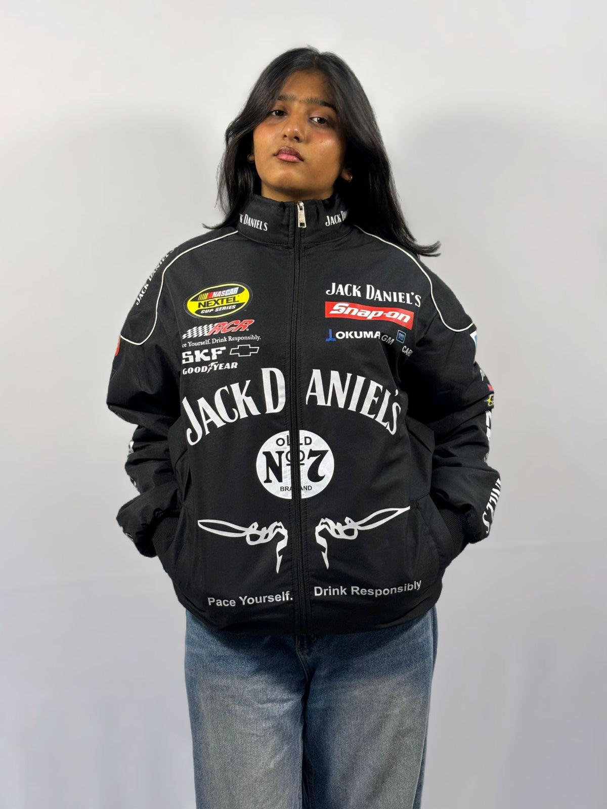 Black vintage racing jacket, zip front, big central logo print and sleeve patch details
