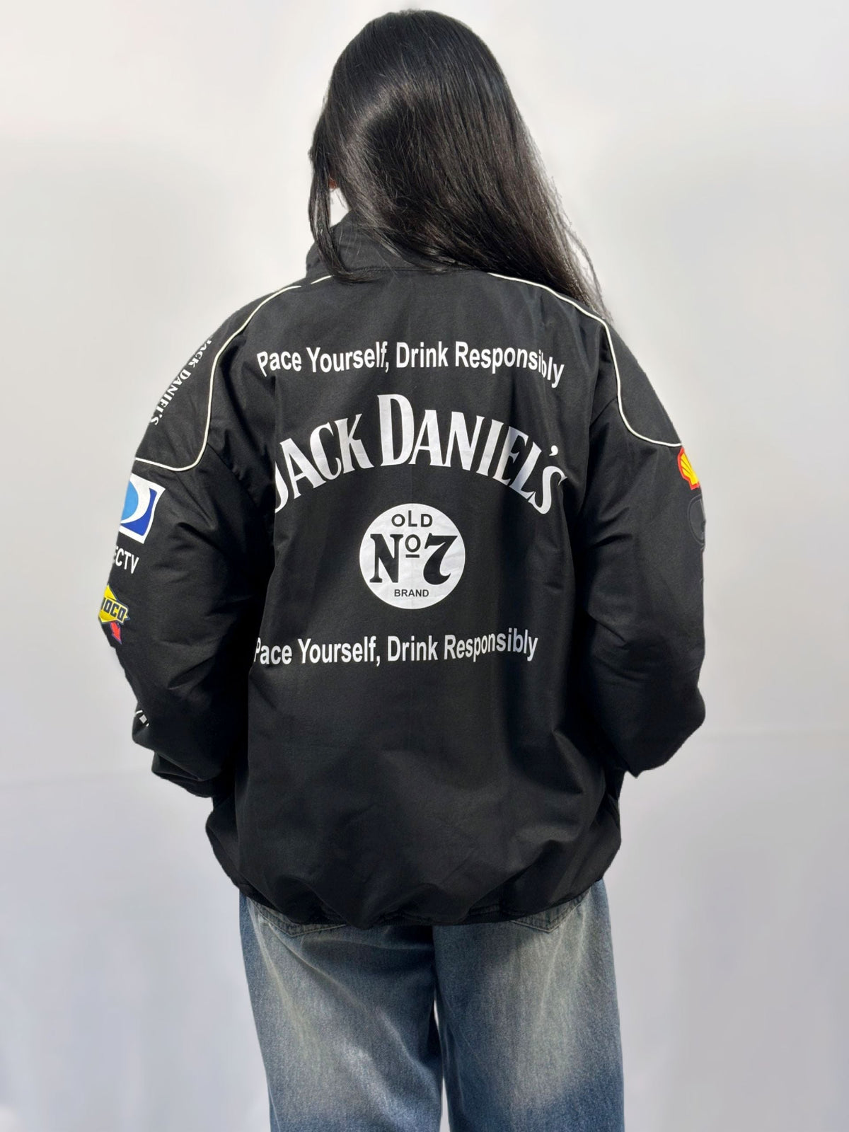 Black vintage racing jacket, back print with Old No.7 emblem, zip front and stand collar