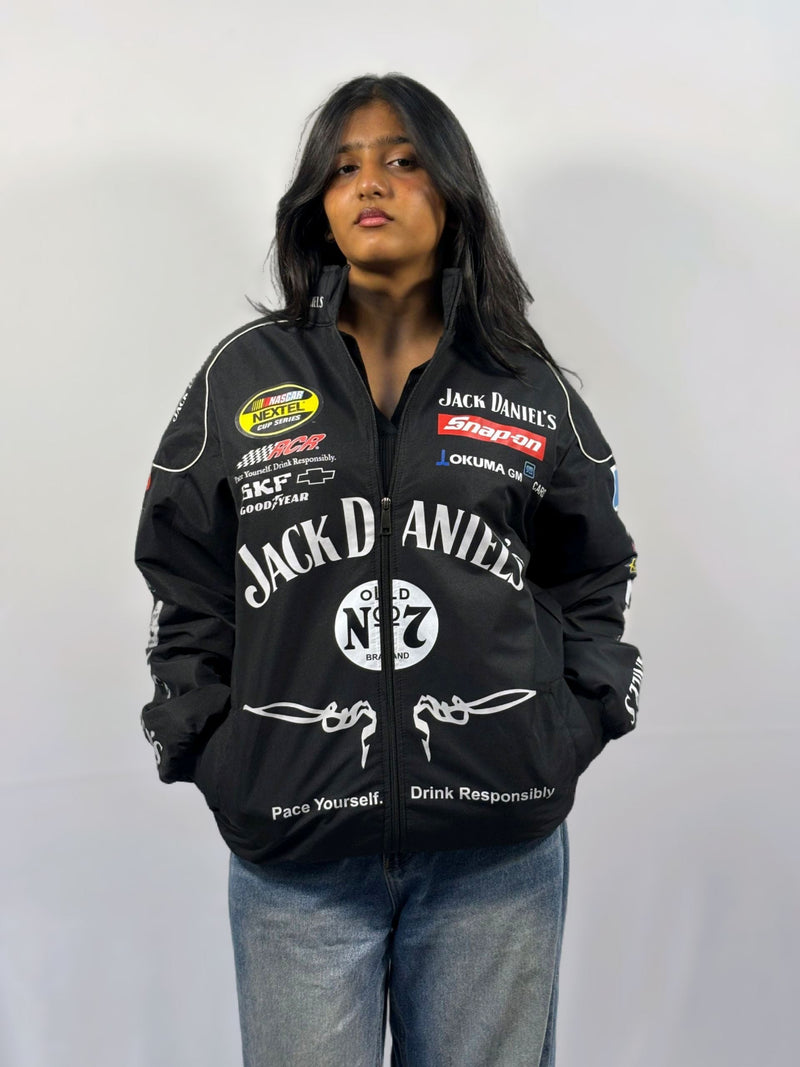 Black vintage racing jacket, zip front, bold racing graphics and patches at chest