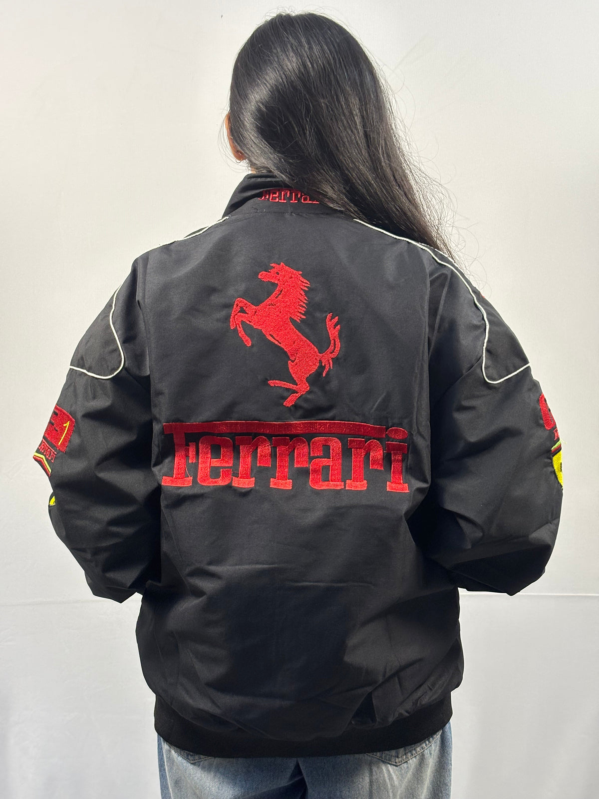 F1 FERRARI BLACK PUFFER PRINTED UNISEX JACKET by Monte Lino