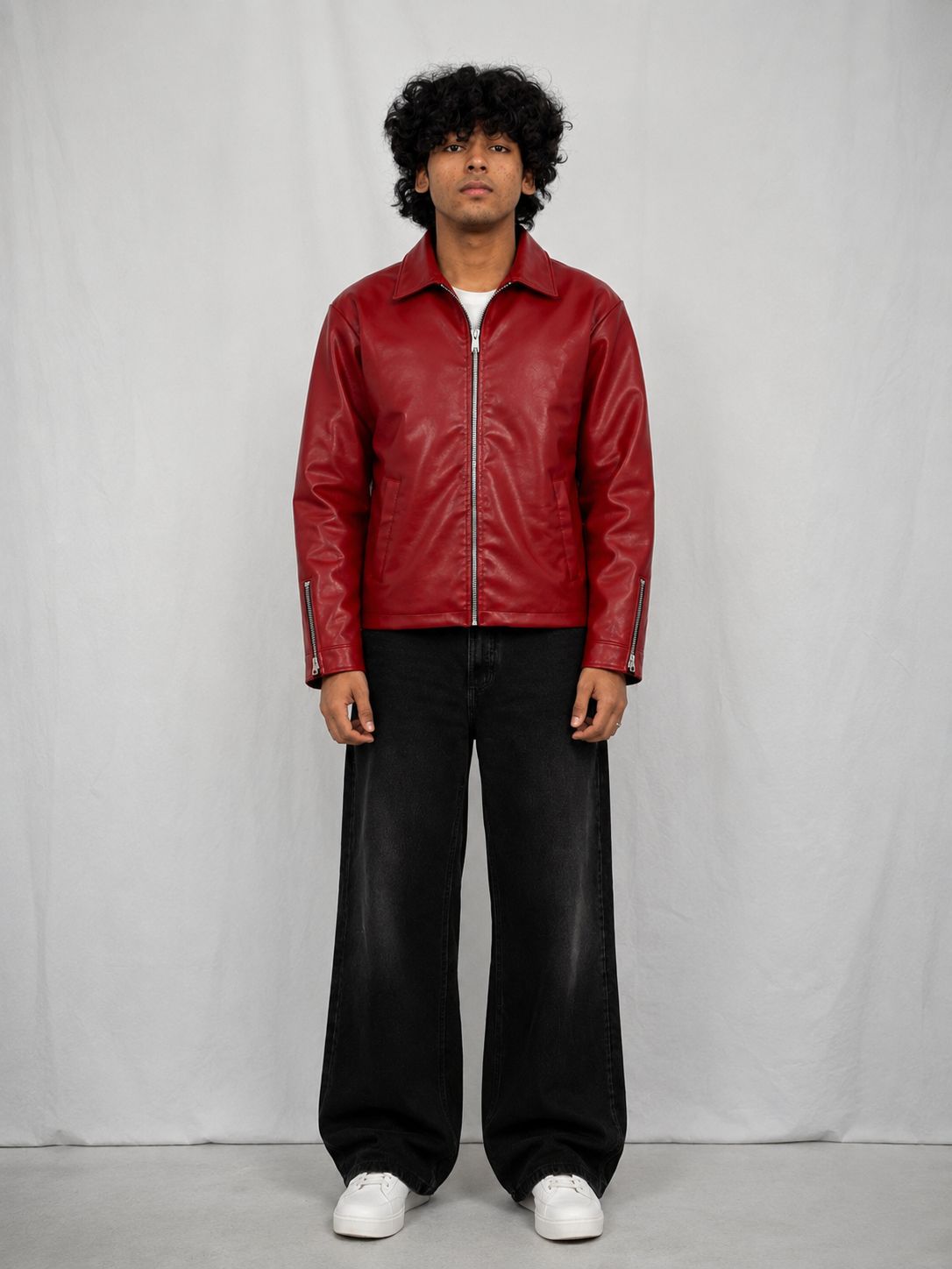 CHERRY RED PLAIN UNISEX COLLAR LEATHER JACKET