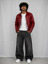 CHERRY RED PLAIN UNISEX COLLAR LEATHER JACKET