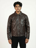 BROWN PLAIN LEATHER UNISEX LEATHER JACKET