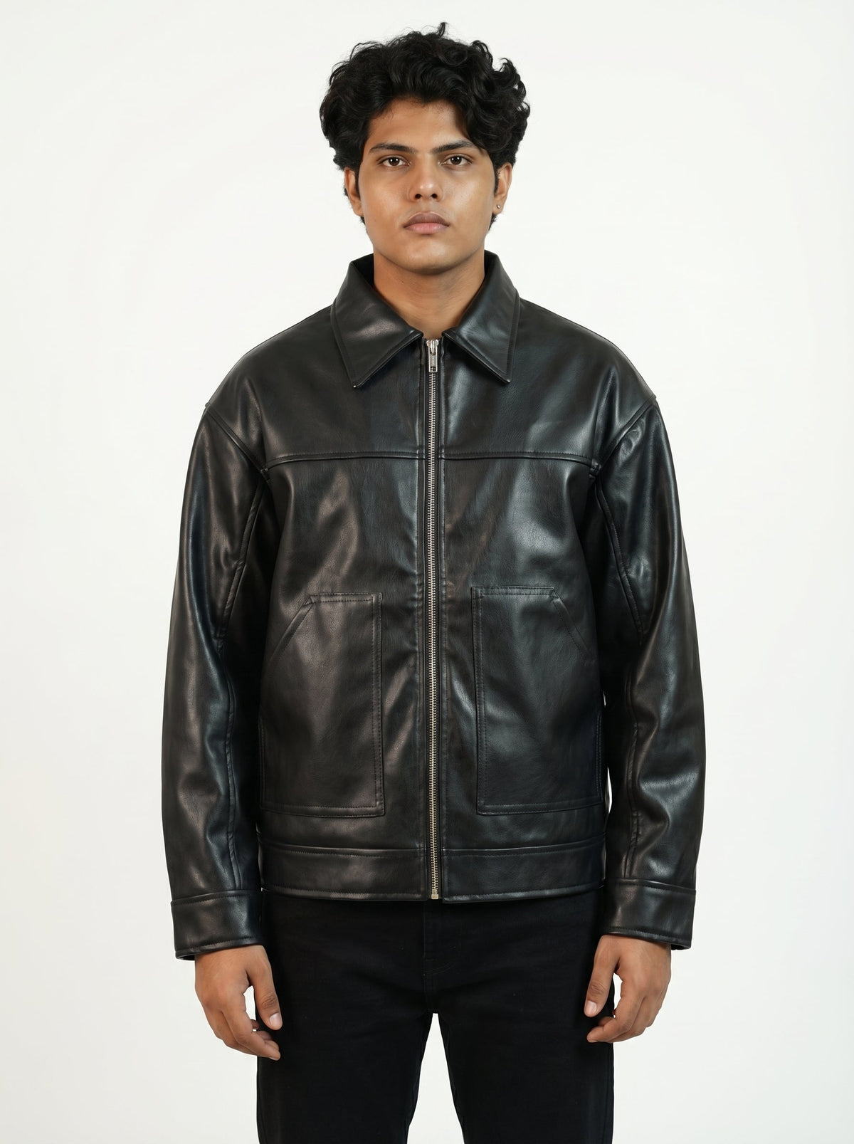 BLACK PLAIN LEATHER UNISEX LEATHER JACKET