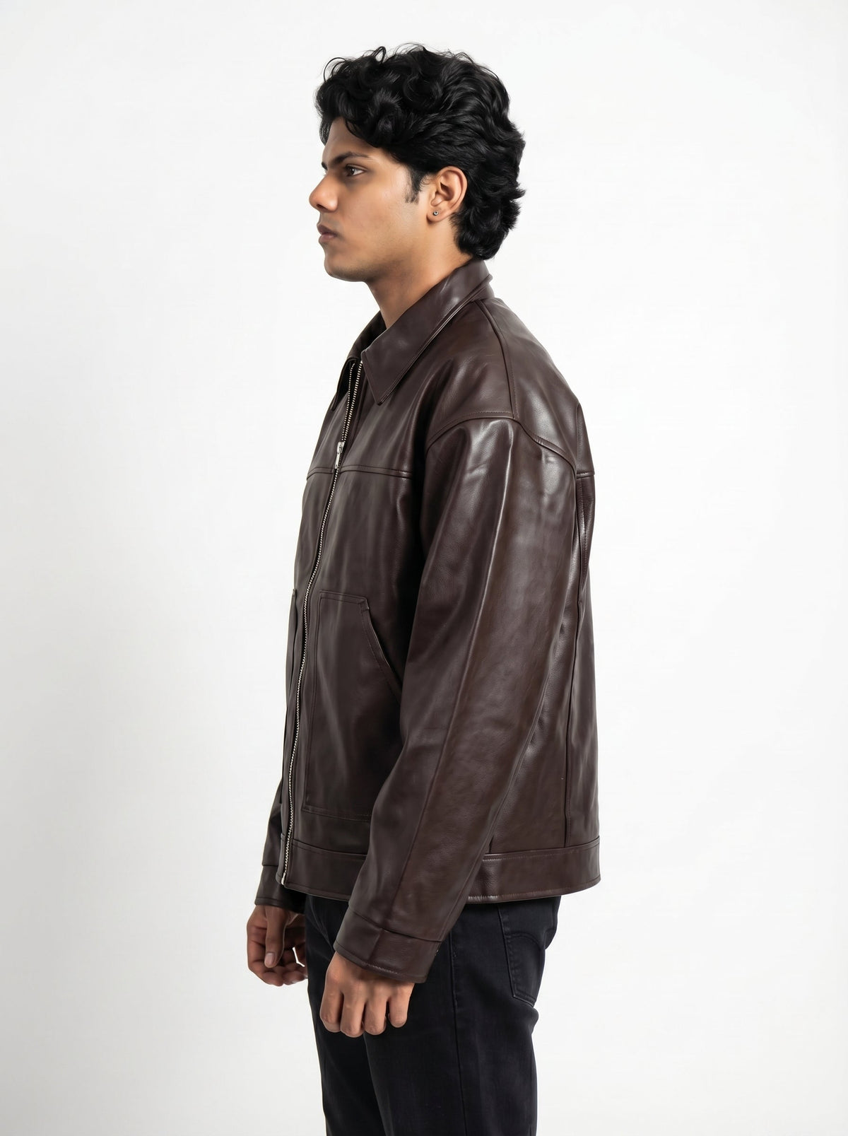 BROWN PLAIN LEATHER UNISEX LEATHER JACKET